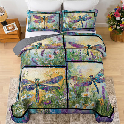 Shineful All Season Quilt 3-Piece Set Dragonfly Flower Garden