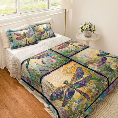 Shineful All Season Quilt 3-Piece Set Dragonfly Flower Garden