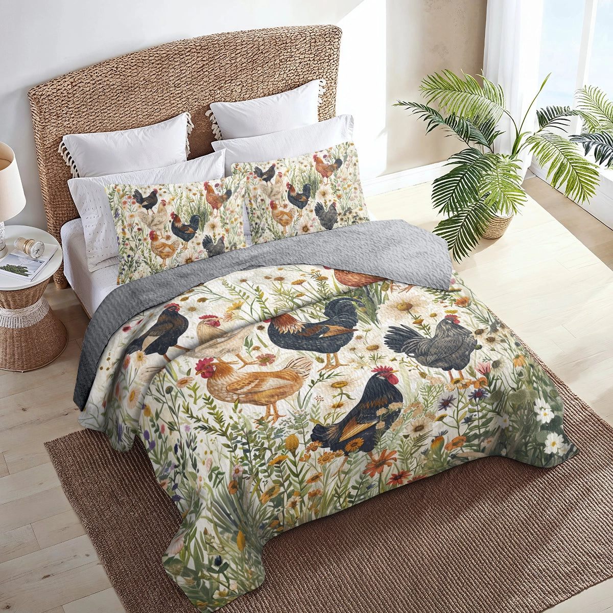 Shineful All Season Quilt 3-Piece Set Floral Rustic Chicken Meadow