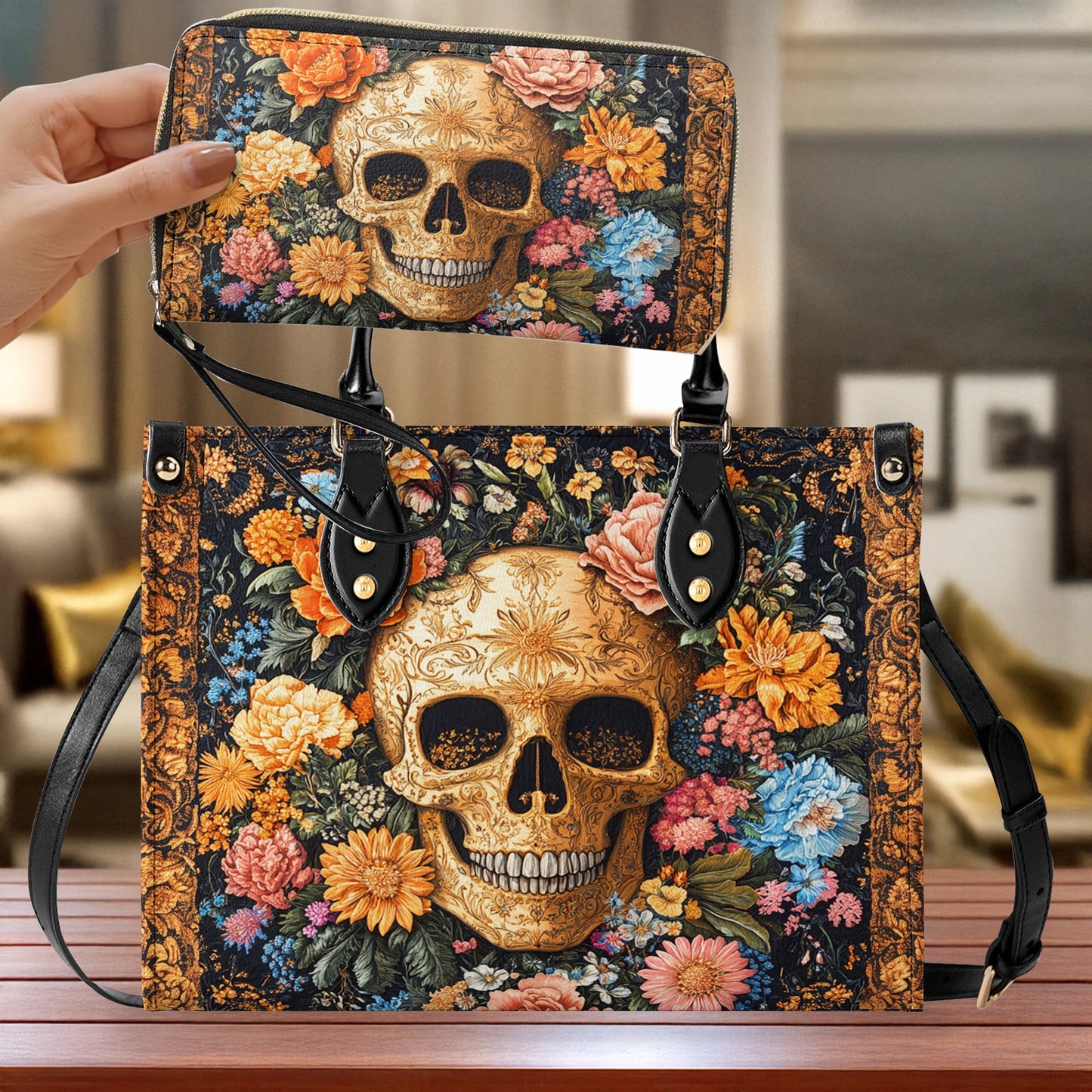 Sac en cuir brillant baroque Skull Blossom