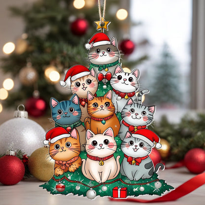 Ornement en acrylique 2D brillant - Chats de Noël parfaitement empilés 