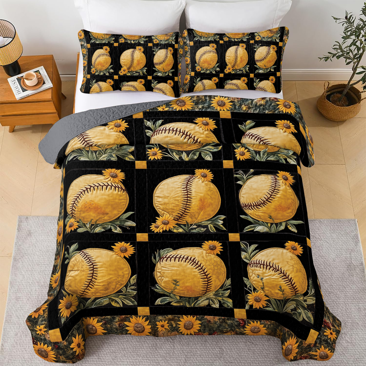 Shineful All Season Quilt 3-Piece Set - Golden Fields & Softballs