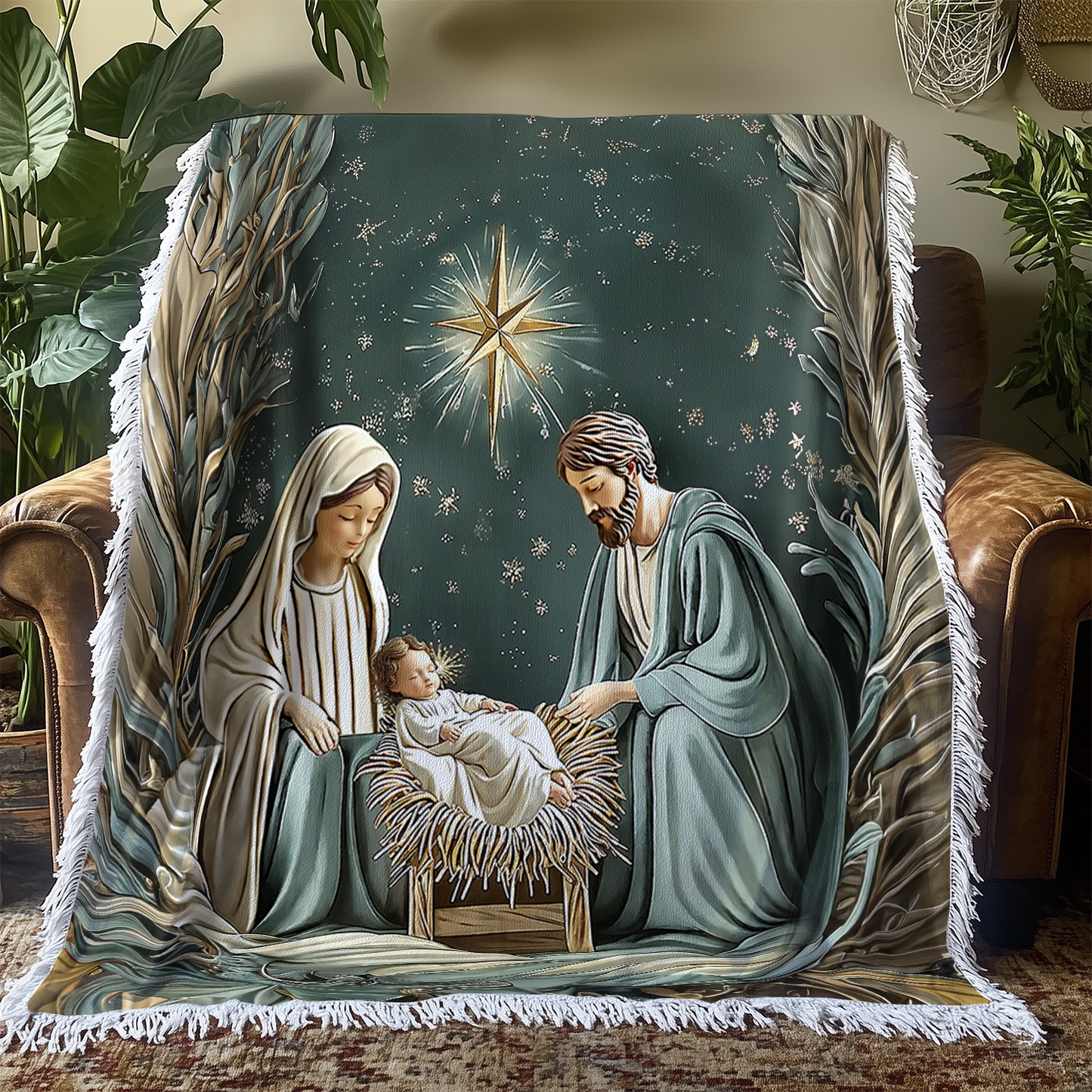 Shineful Woven Tapestry Throw Blanket - Divine Silent Night Nativity