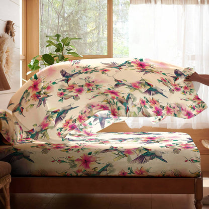 Shineful 4-Piece Bed Sheet Set Floral Hummingbirds