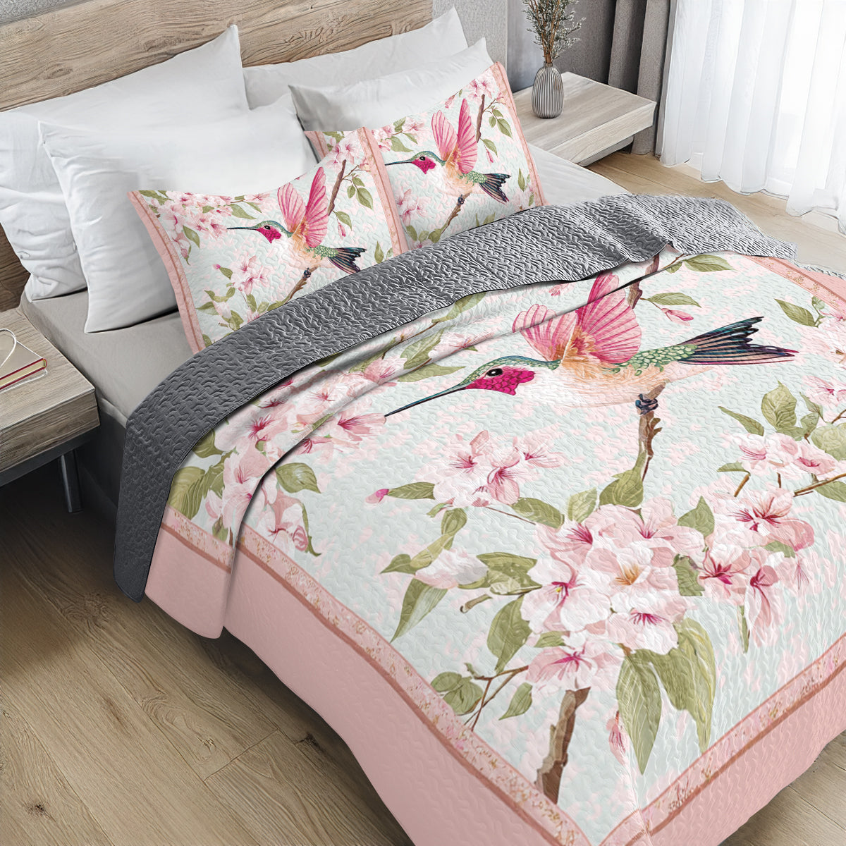 Shineful All Season Quilt 3-teiliges Set Floral Hummingbird Springtime