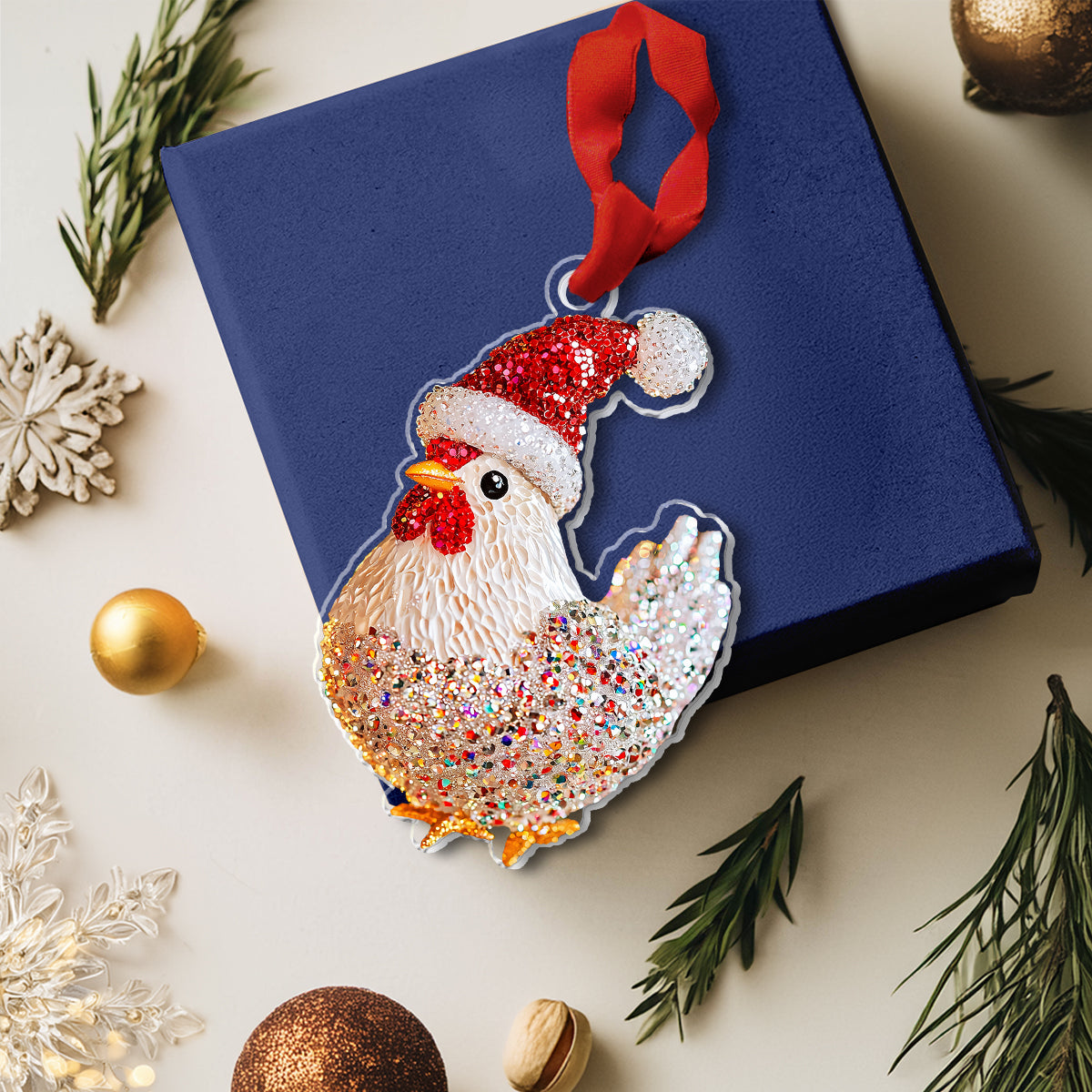 Ornement en acrylique 2D brillant Collection de poulets de Noël scintillants 