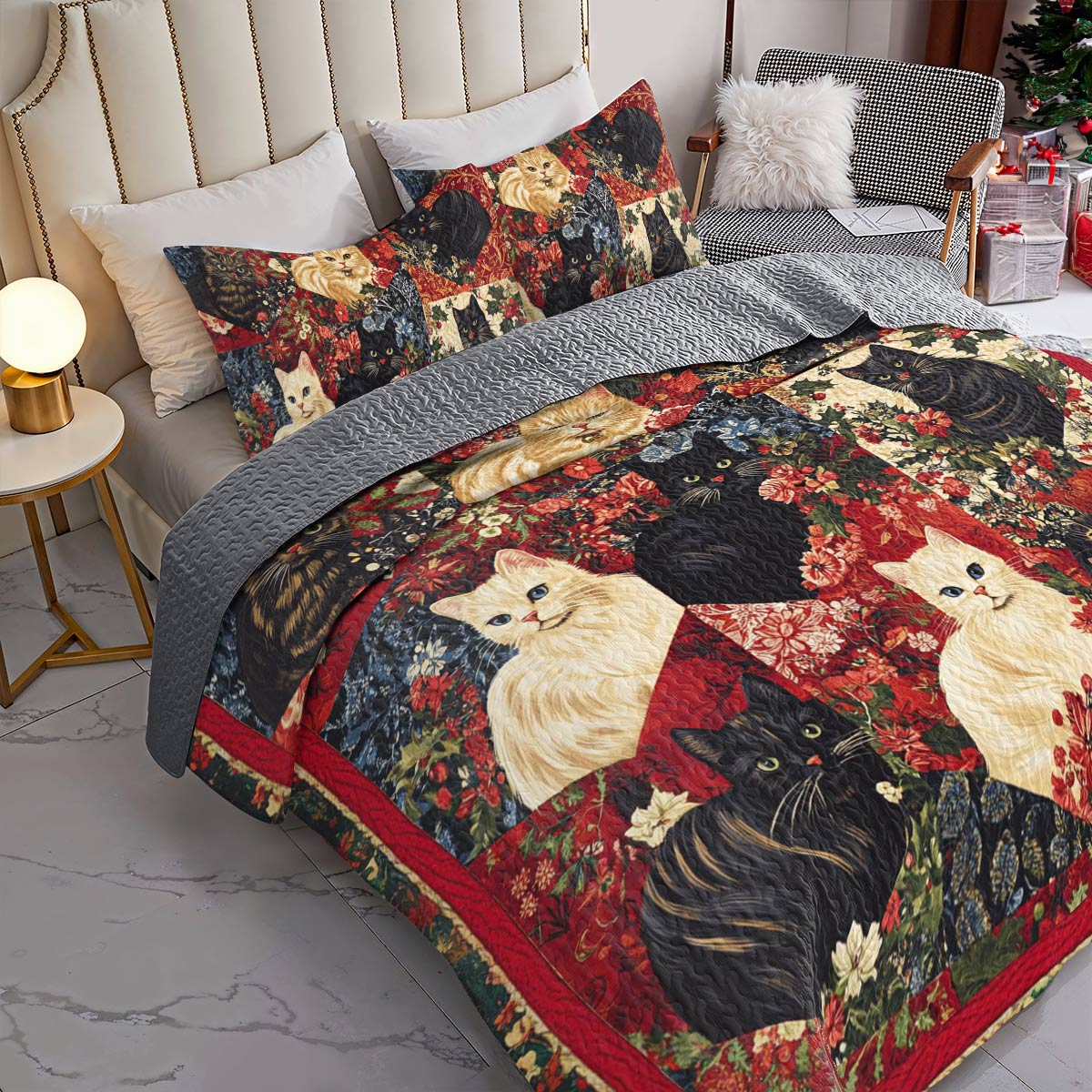 Shineful All Season Quilt 3-Piece Set Vintage Floral Cats