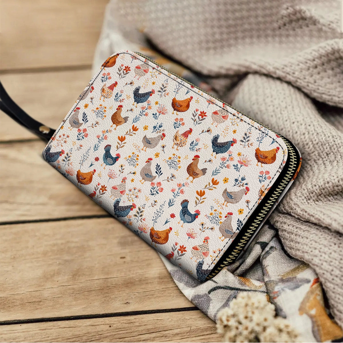 Shineful Leather Clutch Purse With Wristlet Strap Handle Chicken Flower