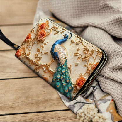 Shineful Leather Clutch Purse With Wristlet Strap Handle Majestic Peacock