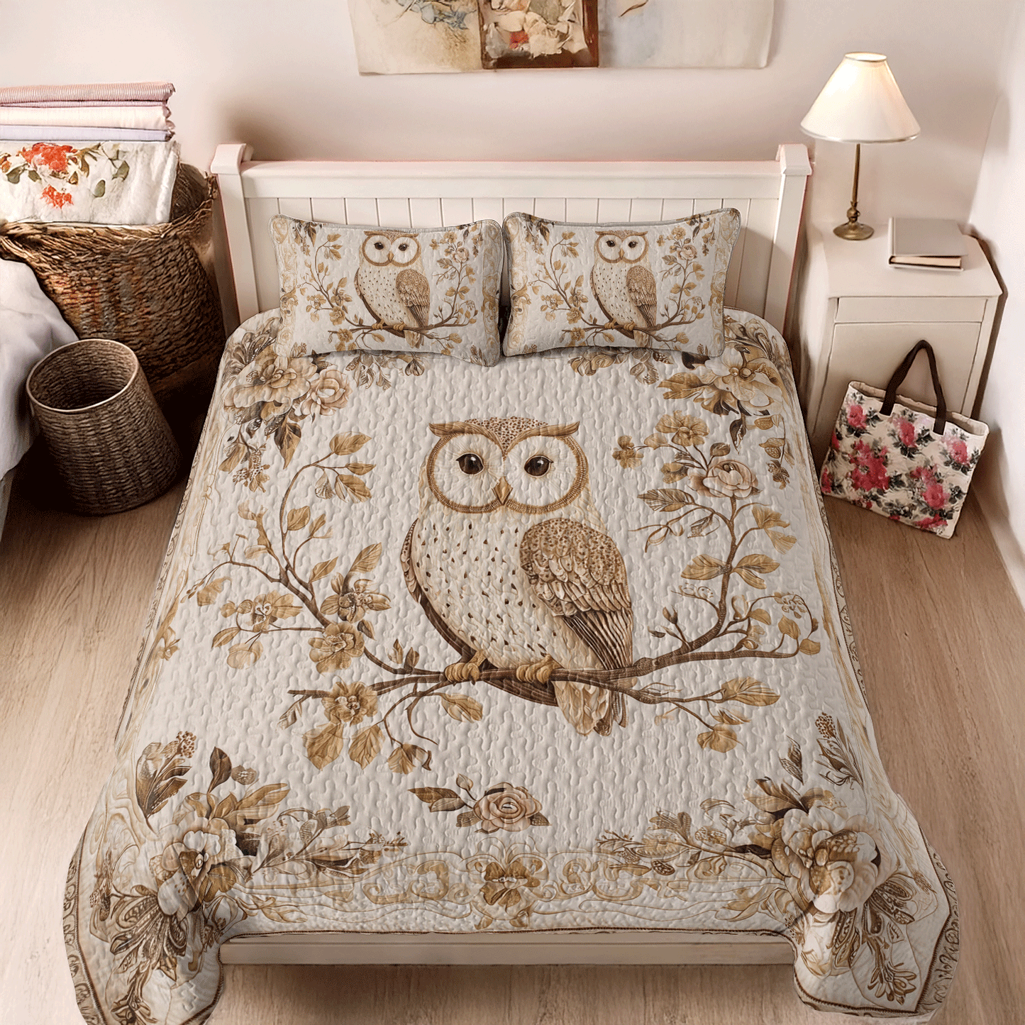 Shineful All Season Quilt 3-Piece Set - Vintage Elegance Owl