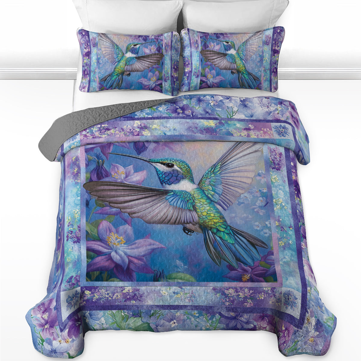 Ensemble de courtepointe toutes saisons Shineful 3 pièces Colibri et lilas violet