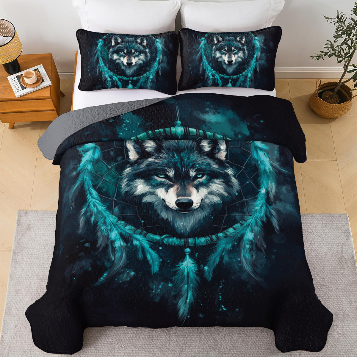 Shineful All Season Quilt 3-Piece Set - Navy Night Wolf Dreamcatcher