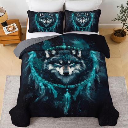 Shineful All Season Quilt 3-Piece Set - Navy Night Wolf Dreamcatcher