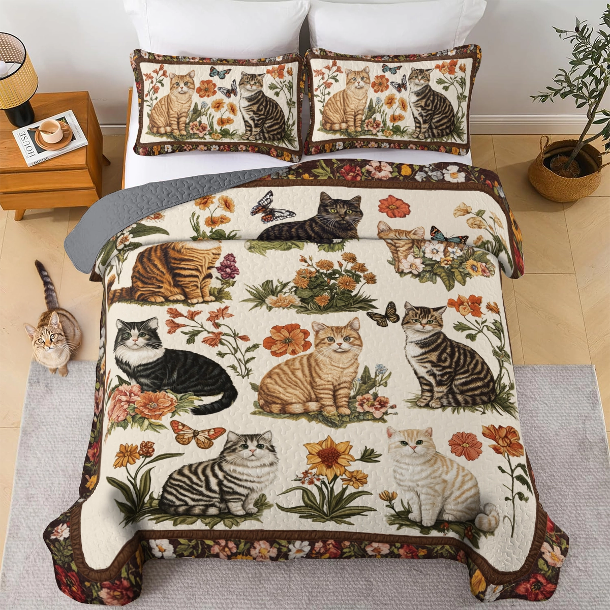 Shineful All Season Quilt 3-Piece Set Cat Floral Heaven