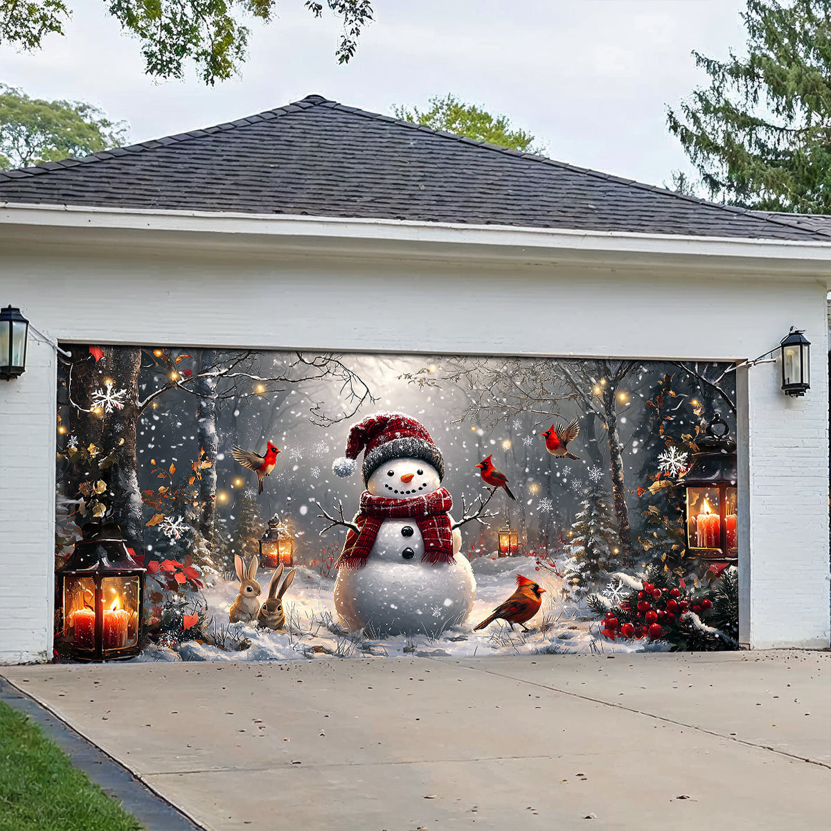 Shineful Garage Door Banner Decoration Winter Forest Snowman With Cardinals