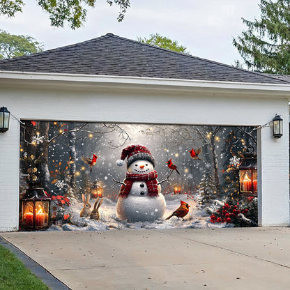 Shineful Garage Door Banner Decoration Winter Forest Snowman With Cardinals