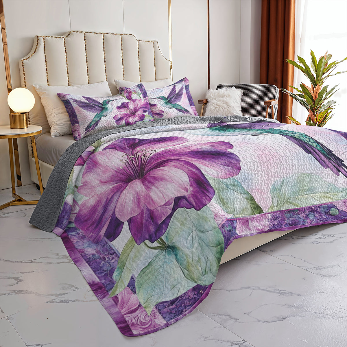 Shineful All Season Quilt 3-Piece Set Green Hummingbird & Purple Floral