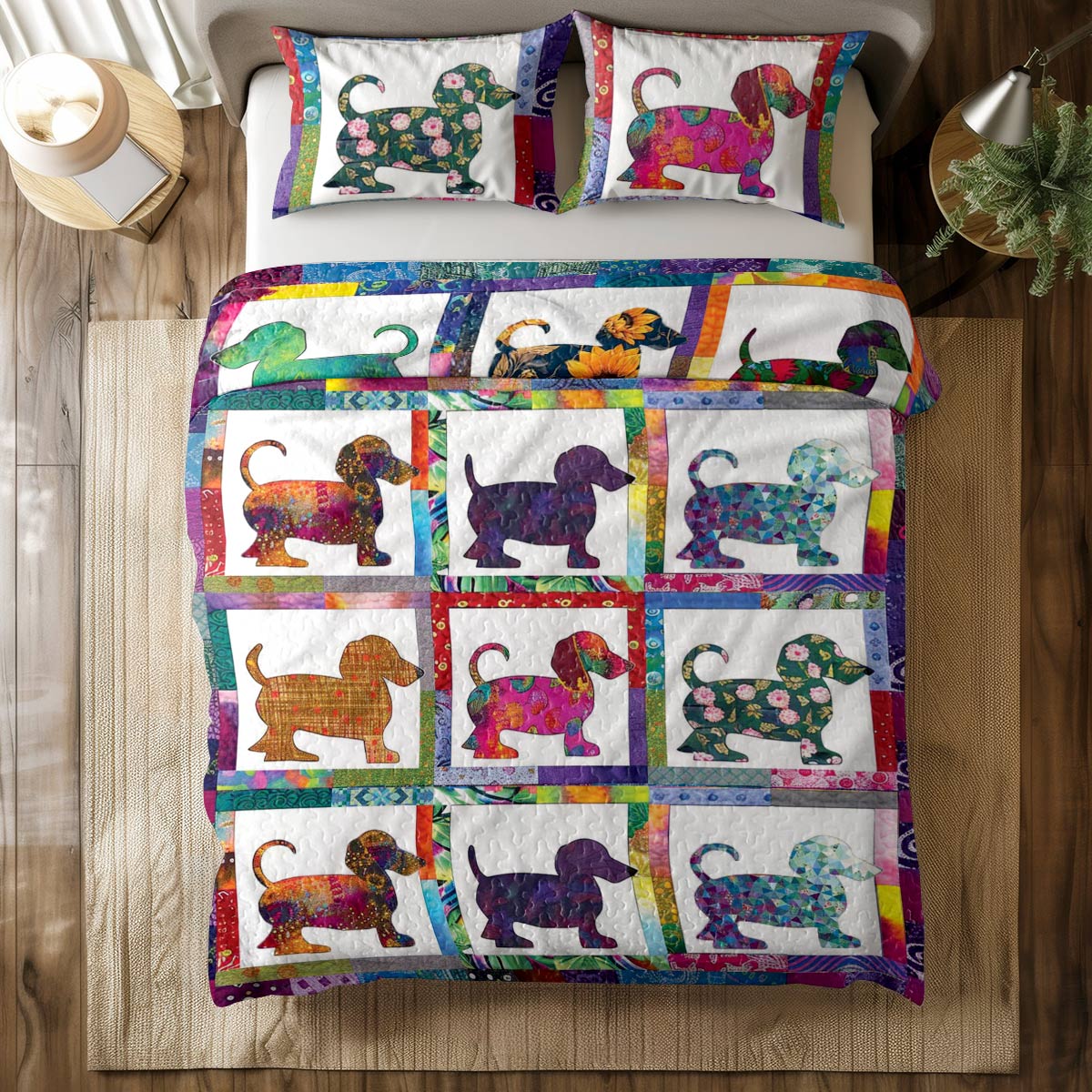 Shineful All Season Quilt 3-Piece Set Colorful Dachshunds