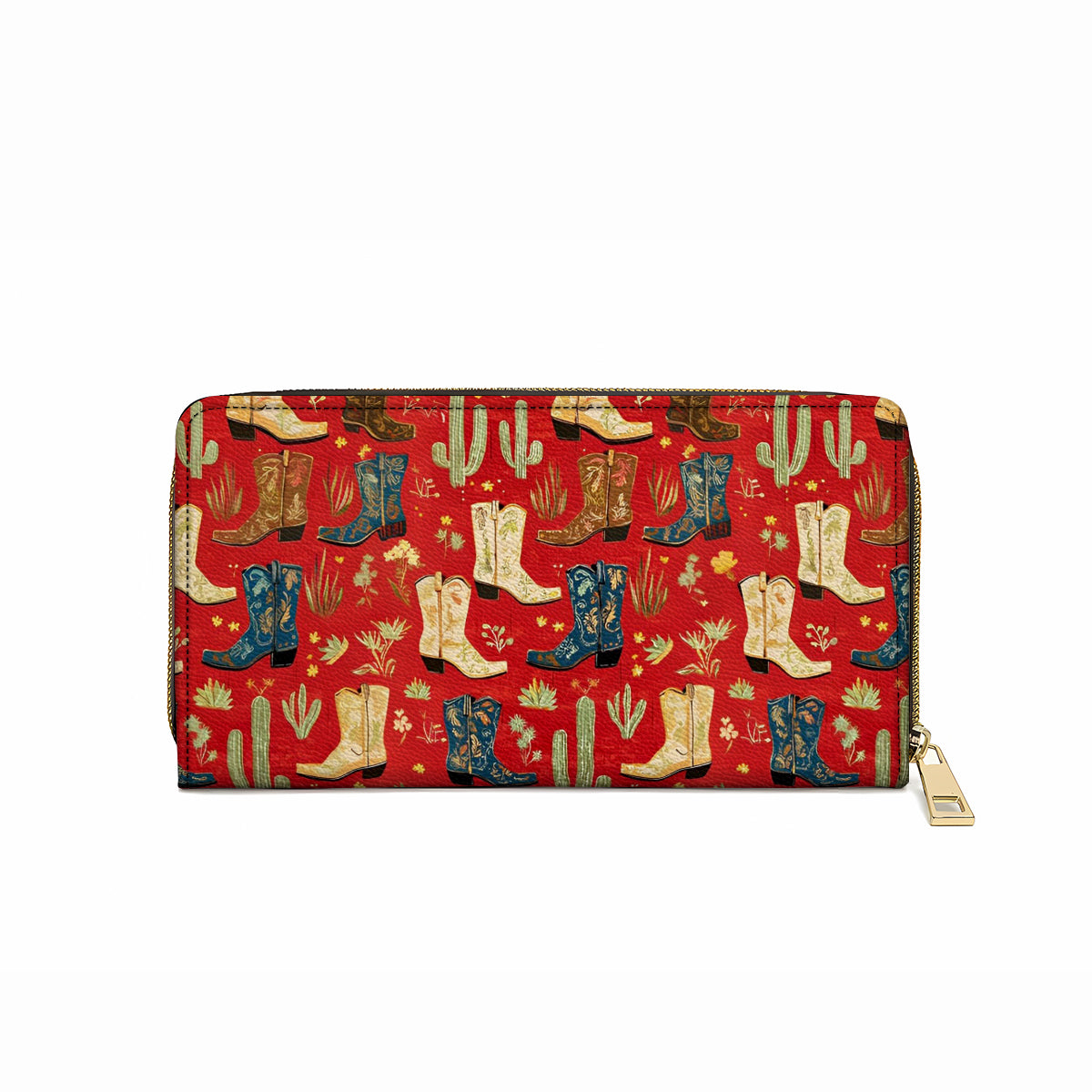 Pochette en cuir brillante avec dragonne et motif bottes de cow-girl glamour