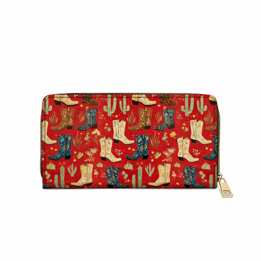 Pochette en cuir brillante avec dragonne et motif bottes de cow-girl glamour