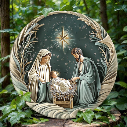 Plaque en bois 2D brillante, décoration à suspendre, panneau de porte - Crèche Divine Silent Night