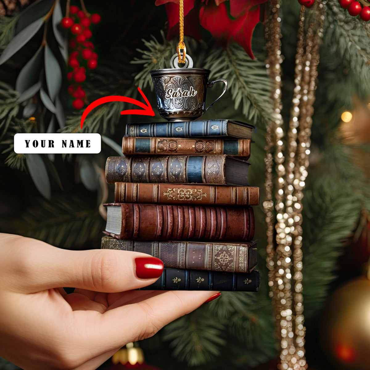 Shineful Personalized 2D Acrylic Ornament - Vintage Books & Coffee