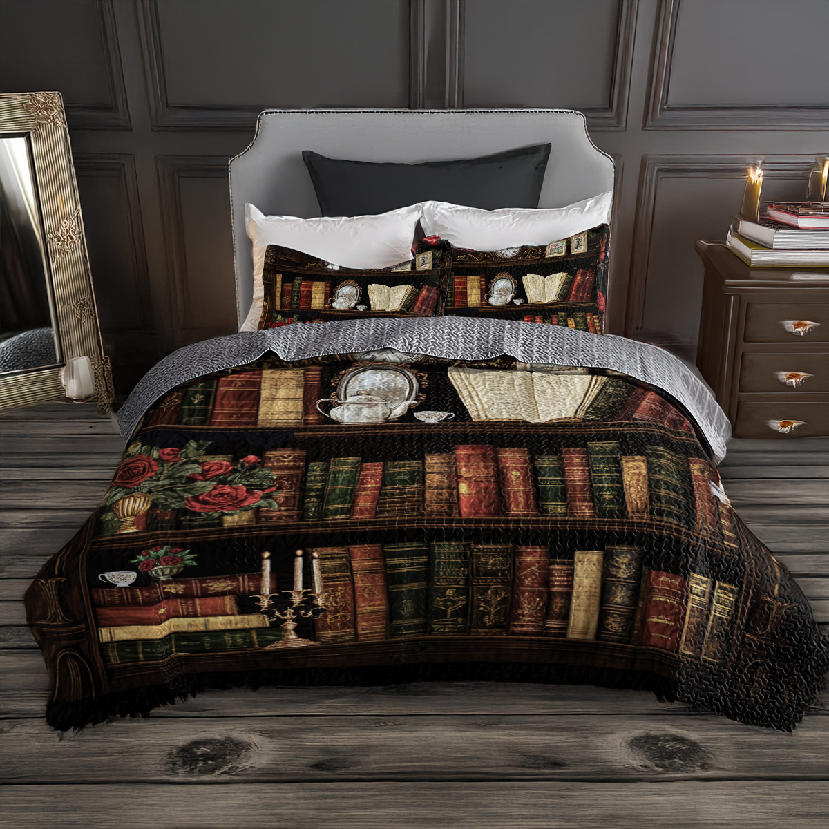 Shineful All Season Quilt 3-Piece Set Enchanted Vintage Bookshelf