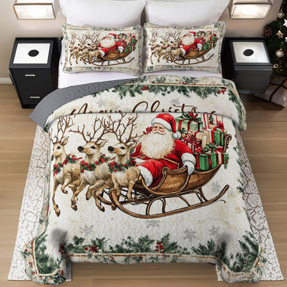 Shineful All Season Quilt 3-Piece Set A Santa In His Sleigh With Gentle Reindeers