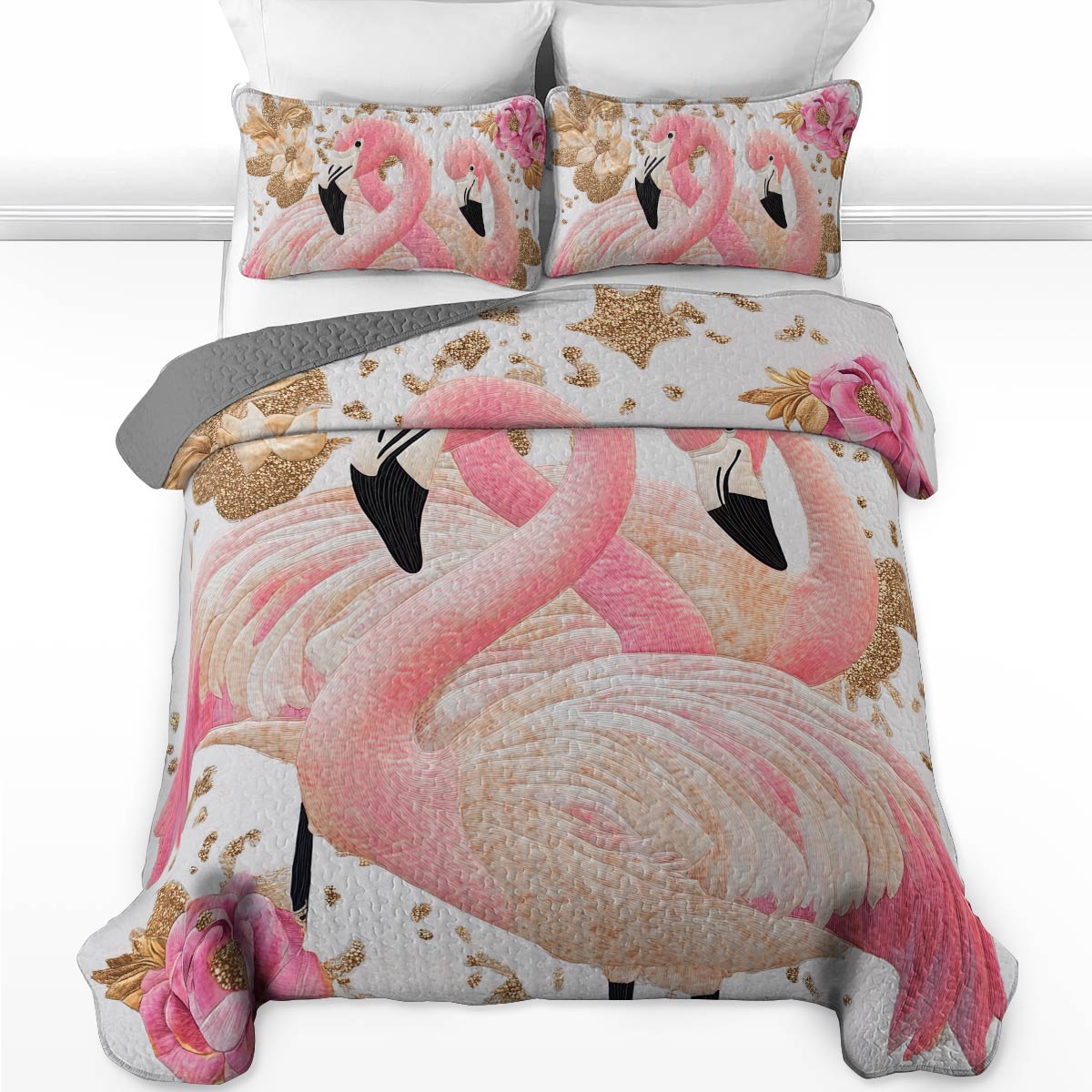 Ensemble de courtepointe toutes saisons Shineful 3 pièces - Flamant rose Golden Elegance 