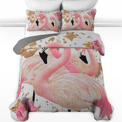 Shineful All Season Quilt 3-Piece Set - Golden Elegance Flamingo