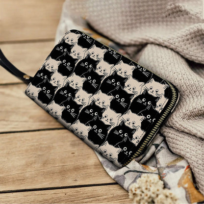 Shineful Leather Clutch Purse With Wristlet Strap Handle Cute Face Cats