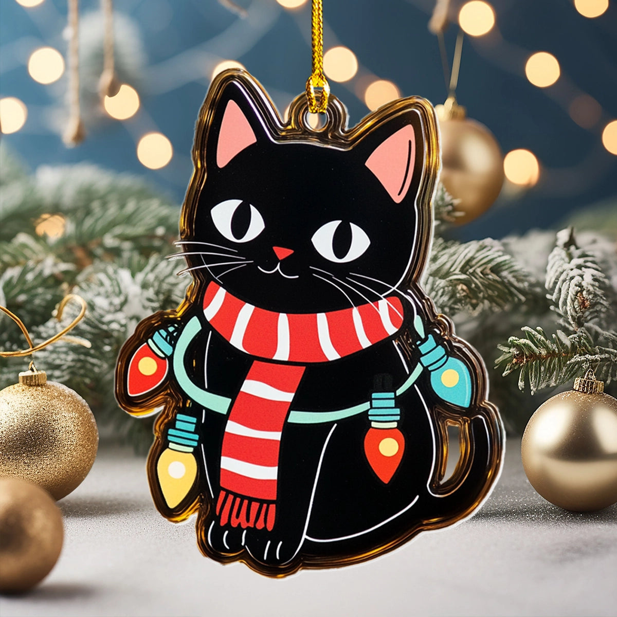 Glänzendes 2D-Ornament aus Acryl – Festliche Katze leuchtet