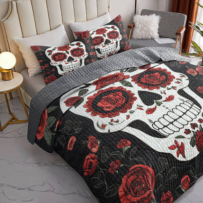 Shineful All Season Quilt 3-Piece Set - Roses & Skulls Elegance