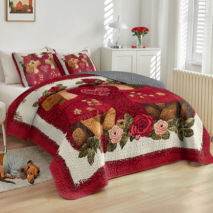 Shineful All Season Quilt 3-teiliges Set mit Herz- und Blumenmotiv, Dackelpaar