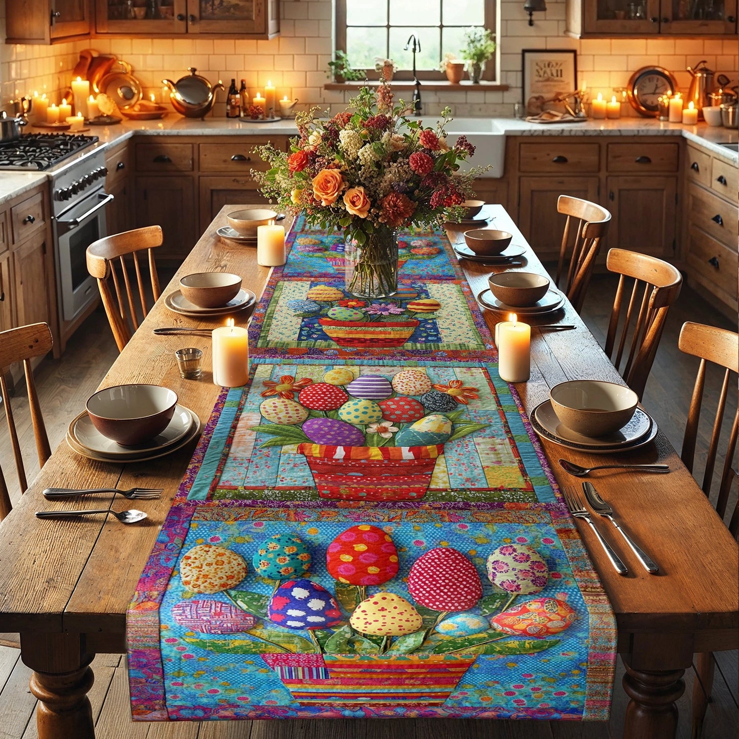 Shineful 2D Flat Print Quilted Table Runner Vibrant Easter Eggs Basket