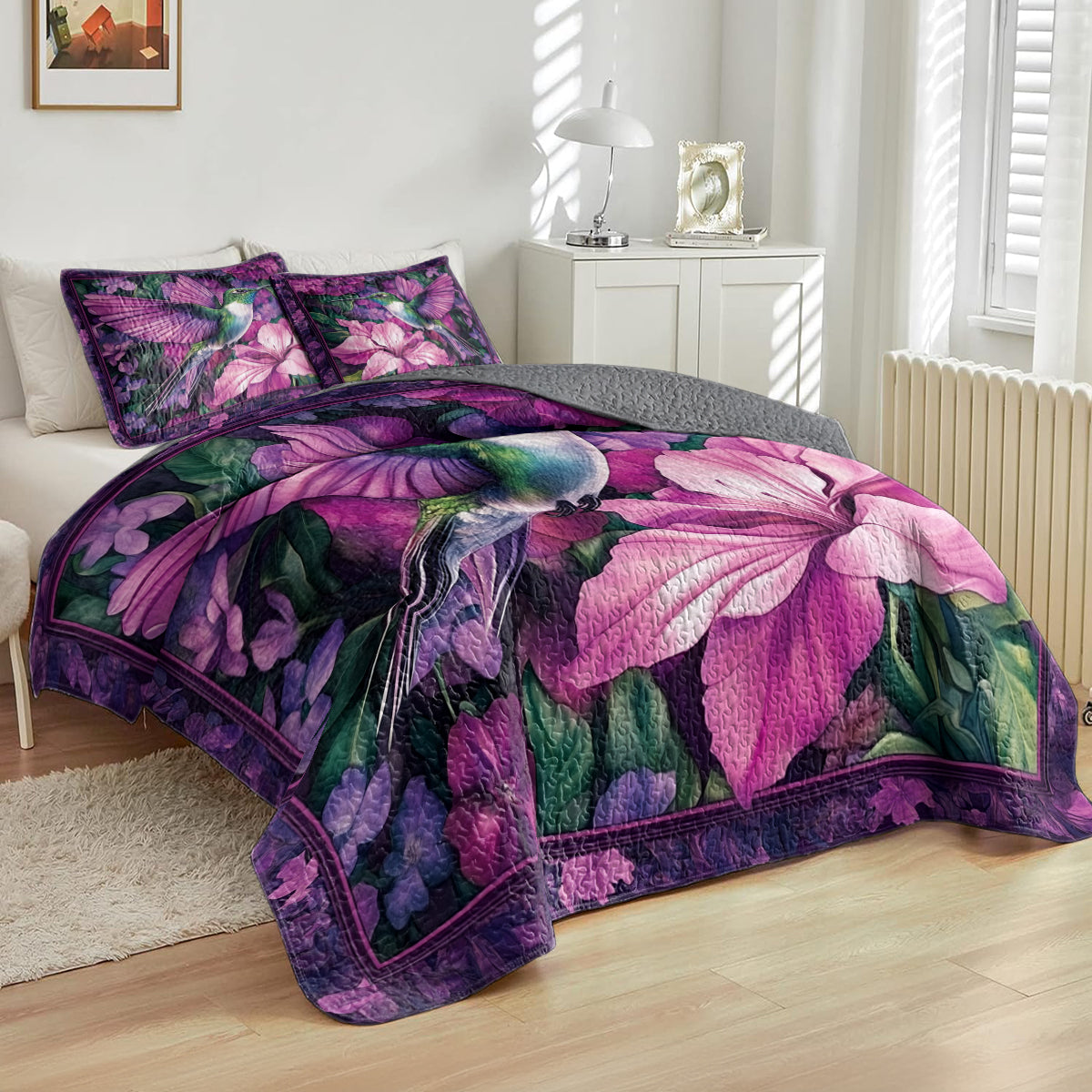 Shineful All Season Quilt 3-Piece Set Purple Hummingbird & Floral