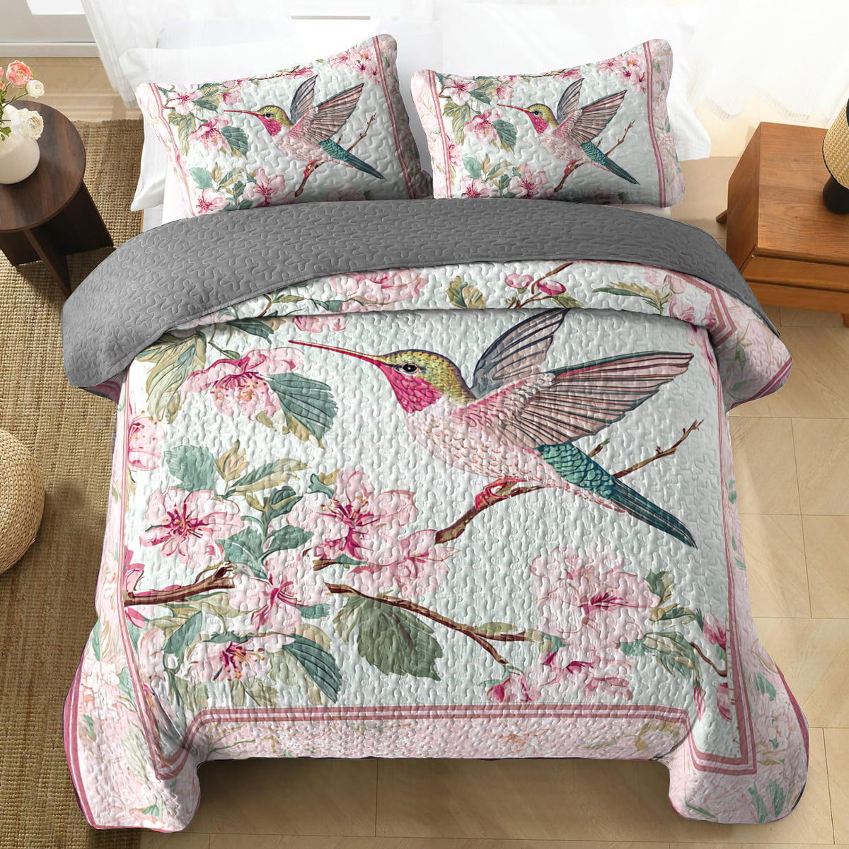 Shineful All Season Quilt 3-Piece Set Floral Spring Hummingbird