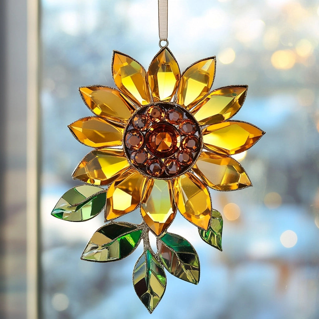 Glänzendes 2D Acrylornament Sonnenblume Goldene Strahlen der Freude 