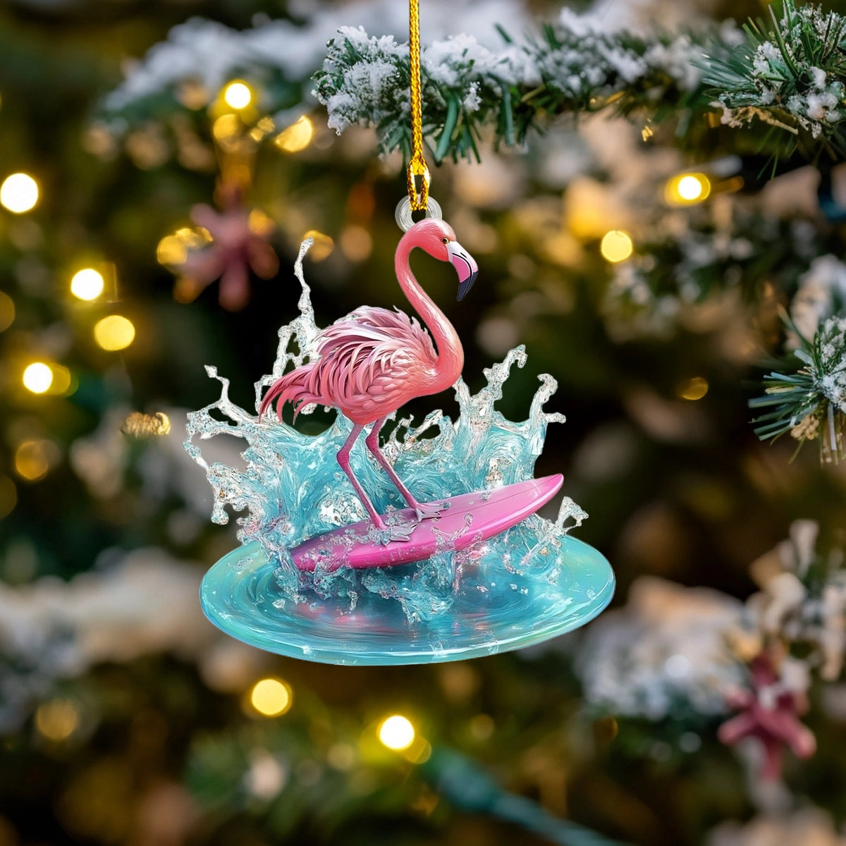 Shineful Acrylic Ornament Flamingo Surfer Splash