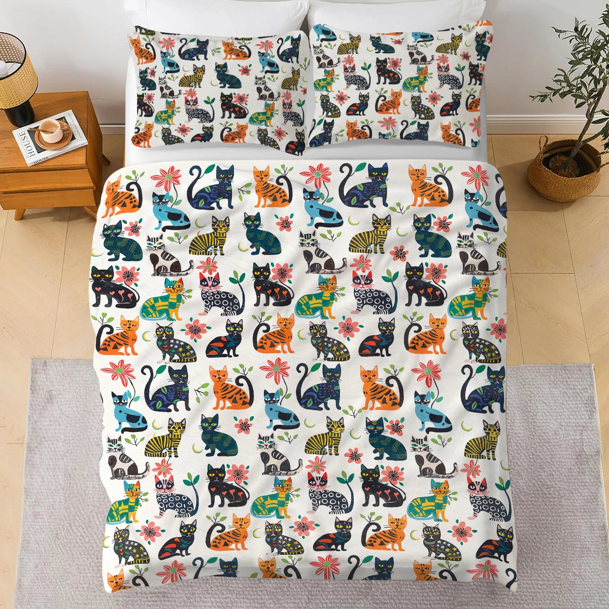 Shineful 3 Pieces Duvet Cover Set Cat Playful Paws