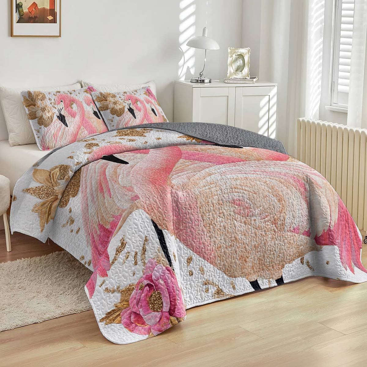 Shineful All Season Quilt 3-Piece Set - Golden Elegance Flamingo