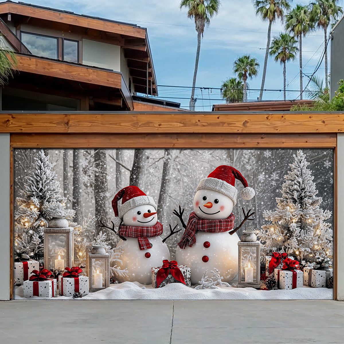 Shineful Garage Door Banner Decoration Winter Forest Happy Snowman Couple