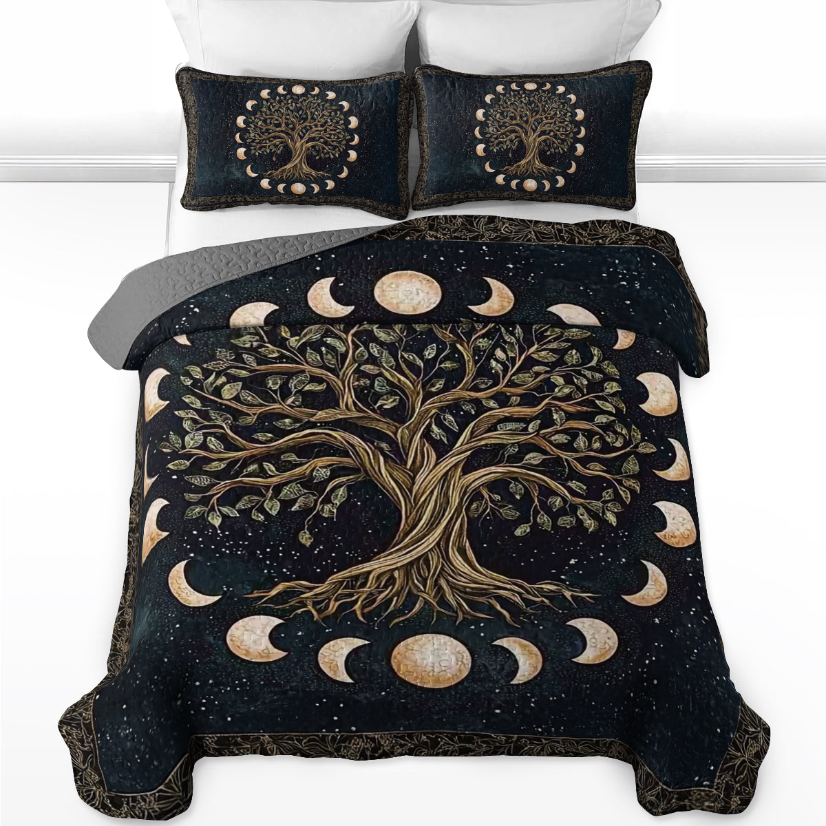 Shineful All Season Quilt 3-Piece Set - Mystical Moon Phases Tree of Life