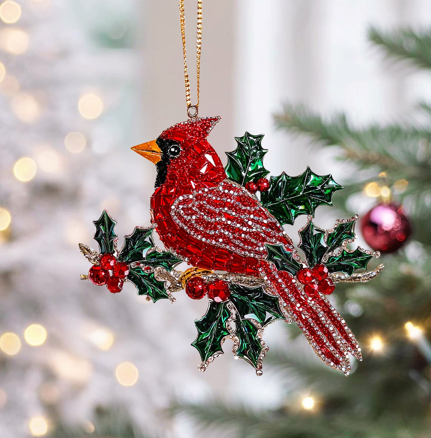 Glänzendes 2D Acryl Ornament Holly Berry Cardinal