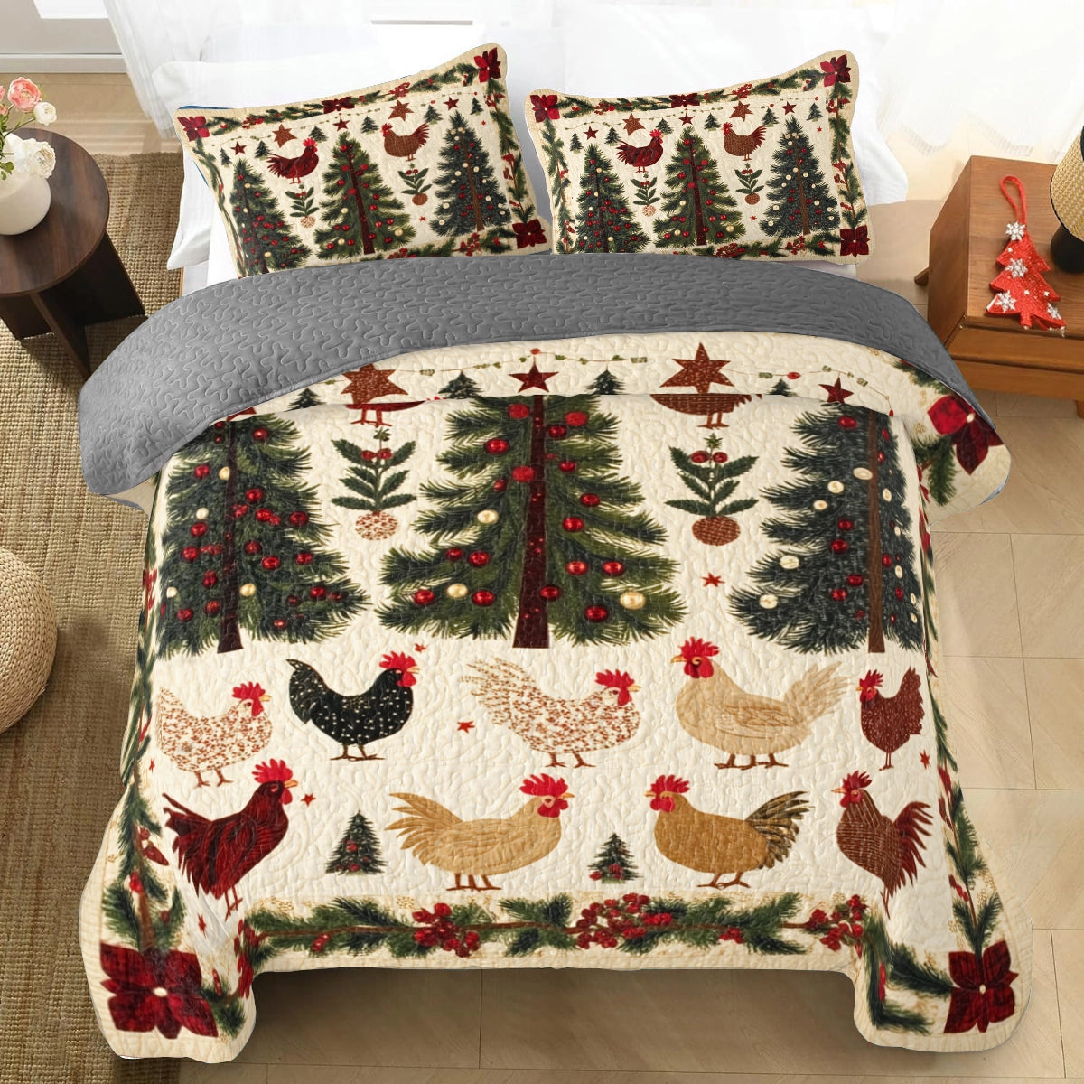 Shineful All Season Quilt 3-Piece Set Festive Rooster Farmyard