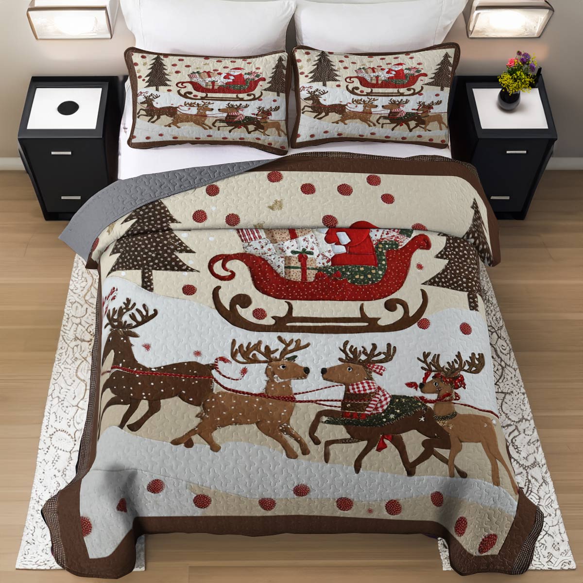 Shineful Flat Print Quilt 3-Piece Set Cozy Santa Claus With Reindeer Pulling His Sleigh Full Of Gifts