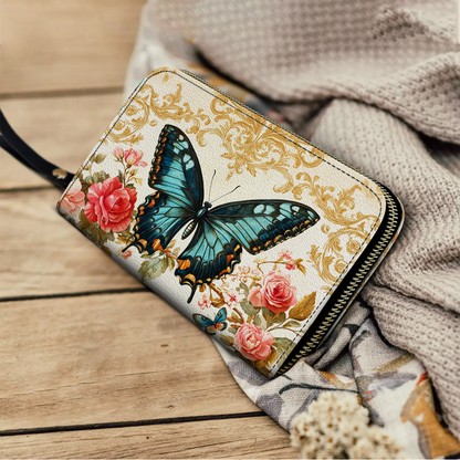 Shineful Leather Clutch Purse With Wristlet Strap Handle Butterfly Rose Whisper