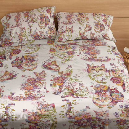 Shineful 4-Piece Bed Sheet Set Blooming Cats