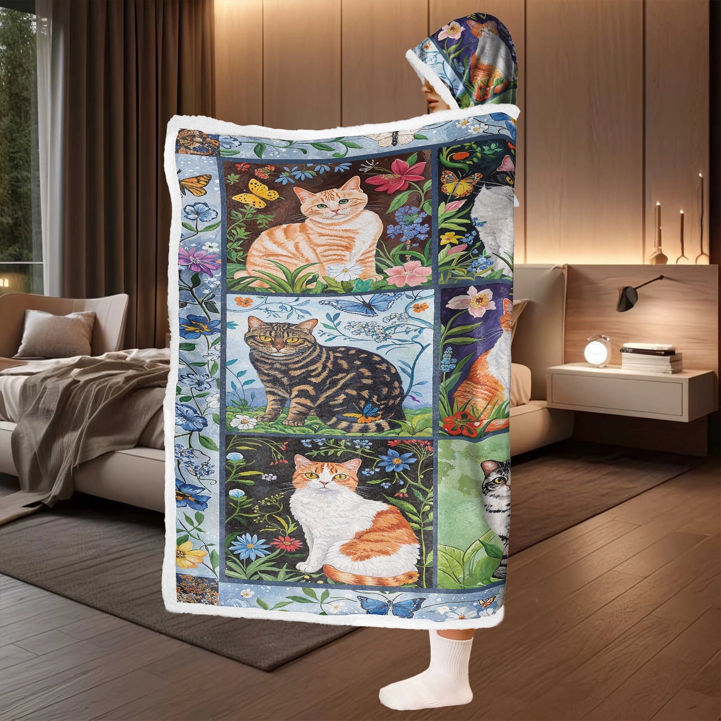 Shineful Wearable Hooded Blanket - Cat Floral Felines