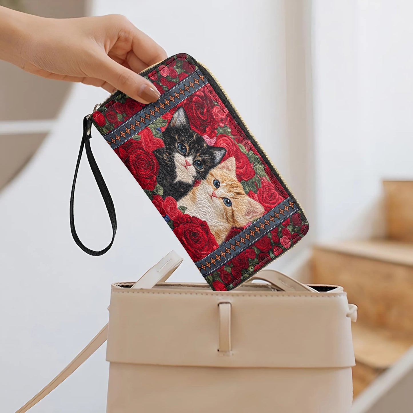 Shineful Leather Clutch Purse With Wristlet Strap Handle Cat Purrfect Rose Companions